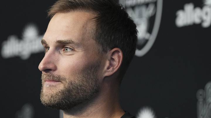 Las Vegas Raiders quarterback Kirk Cousins speaks at a press conference.