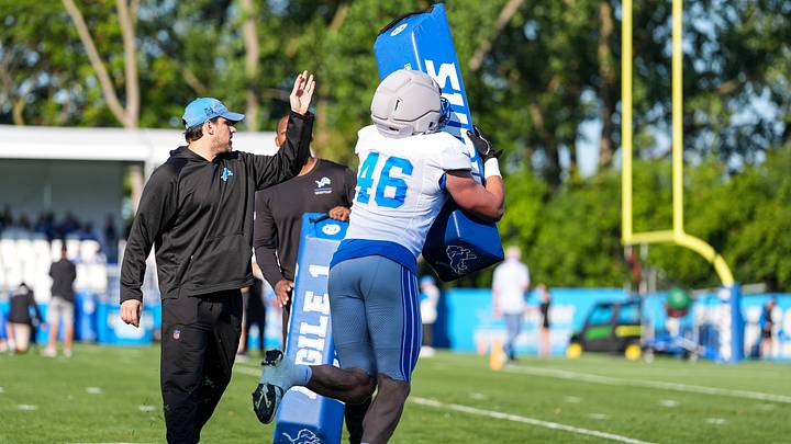 Aug 3, 2026; Allen Park, MI, USA;  Detroit Lions linebacker Jack Campbell (46) takes part in a linebacker drill during Detroit Lions training camp.  Mandatory Credit: Paul Barnick-Imagn Images