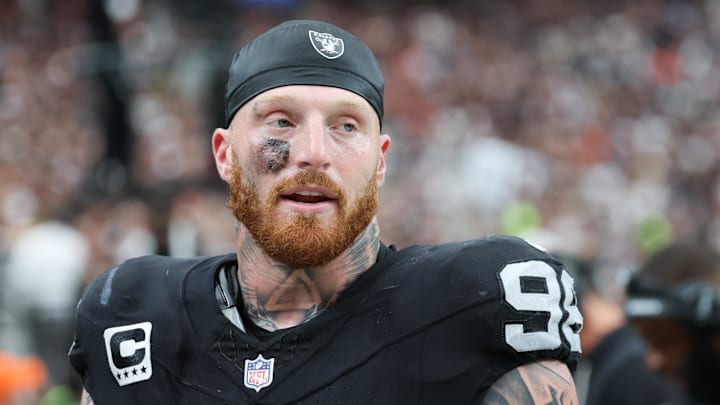 Las Vegas Raiders defensive end Maxx Crosby looks on from the sideline during the first quarter against the Chicago Bears at Allegiant Stadium. 
