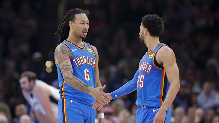 Jan 13, 2026; Oklahoma City, Oklahoma, USA; Oklahoma City Thunder forward Jaylin Williams (6) and guard Ajay Mitchell (25) celebrate after a play against the San Antonio Spurs during the second quarter at Paycom Center. Mandatory Credit: Alonzo Adams-Imagn Images Jan 13, 2026; Oklahoma City, Oklahoma, USA; Oklahoma City Thunder forward Jaylin Williams (6) and guard Ajay Mitchell (25) celebrate after a play against the San Antonio Spurs during the second quarter at Paycom Center. Mandatory Credit: Alonzo Adams-Imagn Images