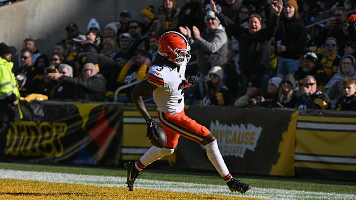 Dec 8, 2024; Pittsburgh, Pennsylvania, USA; Cleveland Browns wide receiver Jerry Jeudy (3) scores on a 35-yard touchdown pass against the Pittsburgh Steelers during the first quarter at Acrisure Stadium. Mandatory Credit: Barry Reeger-Imagn Images