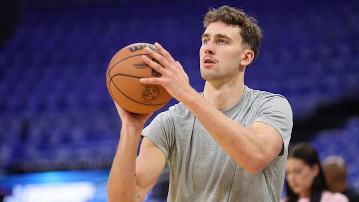 Apr 27, 2025; Orlando, Florida, USA; Orlando Magic forward Franz Wagner (22) warms up before game four of first round for the 2025 NBA Playoffs against the Boston Celtics at Kia Center. Mandatory Credit: Nathan Ray Seebeck-Imagn Images