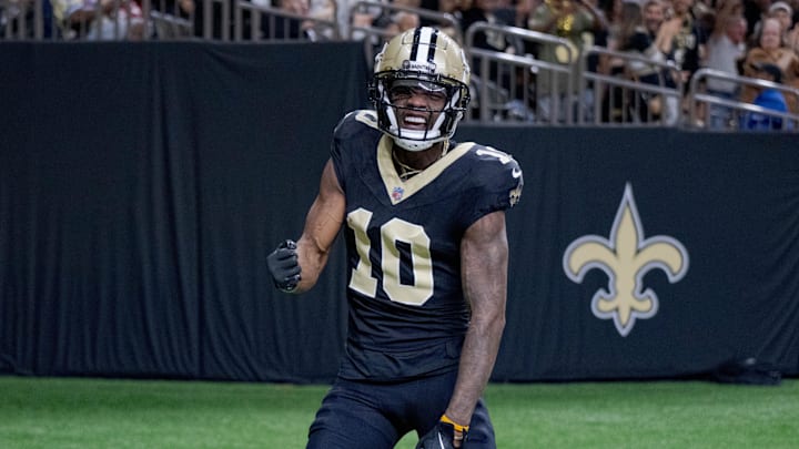 Nov 10, 2024; New Orleans, Louisiana, USA; New Orleans Saints wide receiver Marquez Valdes-Scantling (10) celebrates a touchdown against the Atlanta Falcons during the first half at Caesars Superdome. Mandatory Credit: Matthew Hinton-Imagn Images