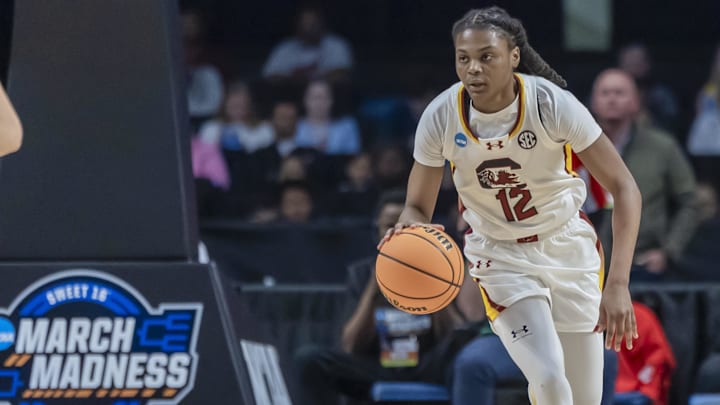 Mar 30, 2025; Birmingham, AL, USA; South Carolina Gamecocks guard MiLaysia Fulwiley (12) works the ball down the court against the Duke Blue Devils during the first half of an Elite 8 NCAA Tournament basketball game at Legacy Arena. Mandatory Credit: Vasha Hunt-Imagn Images