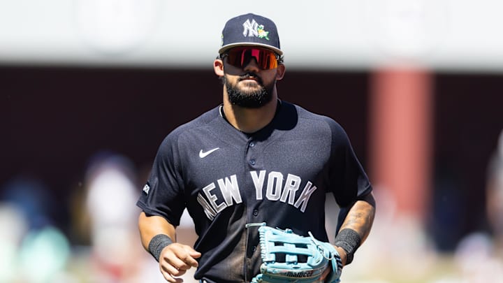 Mar 24, 2026; Mesa, Arizona, USA; New York Yankees outfielder Jasson Dominguez against the Chicago Cubs during spring training at Sloan Park. Mandatory Credit: Mark J. Rebilas-Imagn Images