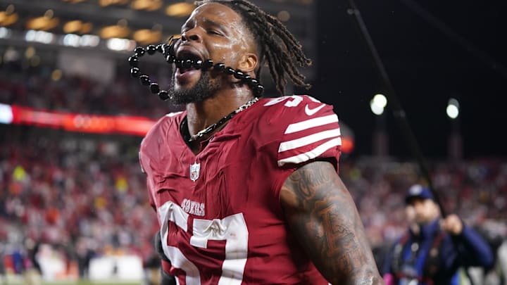 January 20, 2024; Santa Clara, CA, USA; San Francisco 49ers linebacker Dre Greenlaw (57) celebrates after defeating the Green Bay Packers in a 2024 NFC divisional round game at Levi's Stadium. Mandatory Credit: Kyle Terada-Imagn Images