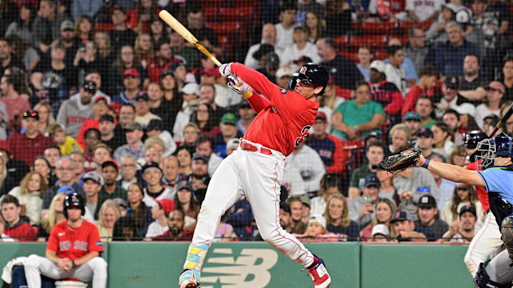 Sep 27, 2024; Boston, Massachusetts, USA; Boston Red Sox first baseman Triston Casas (36) hits a single against the Tampa Bay Rays during fourth inning at Fenway Park. Mandatory Credit: Eric Canha-Imagn Images Sep 27, 2024; Boston, Massachusetts, USA; Boston Red Sox first baseman Triston Casas (36) hits a single against the Tampa Bay Rays during fourth inning at Fenway Park. Mandatory Credit: Eric Canha-Imagn Images