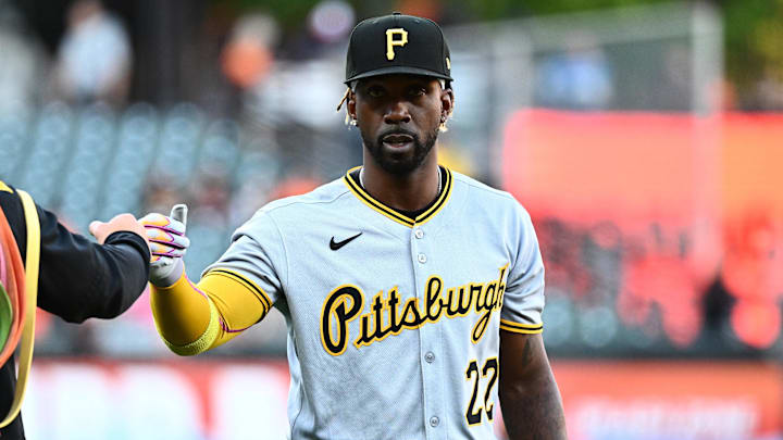Sep 9, 2025; Baltimore, Maryland, USA; Pittsburgh Pirates designated hitter Andrew McCutchen (22) walks on the field before the game between the Baltimore Orioles and the Pittsburgh Pirates at Oriole Park at Camden Yards. Mandatory Credit: James A. Pittman-Imagn Images Sep 9, 2025; Baltimore, Maryland, USA; Pittsburgh Pirates designated hitter Andrew McCutchen (22) walks on the field before the game between the Baltimore Orioles and the Pittsburgh Pirates at Oriole Park at Camden Yards. Mandatory Credit: James A. Pittman-Imagn Images