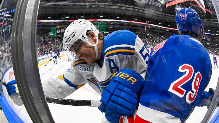 Dec 18, 2025; St. Louis, Missouri, USA; St. Louis Blues defenseman Colton Parayko (55) checks New York Rangers defenseman Matthew Robertson (29) during the first period at Enterprise Center. Mandatory Credit: Jeff Curry-Imagn Images Dec 18, 2025; St. Louis, Missouri, USA; St. Louis Blues defenseman Colton Parayko (55) checks New York Rangers defenseman Matthew Robertson (29) during the first period at Enterprise Center. Mandatory Credit: Jeff Curry-Imagn Images