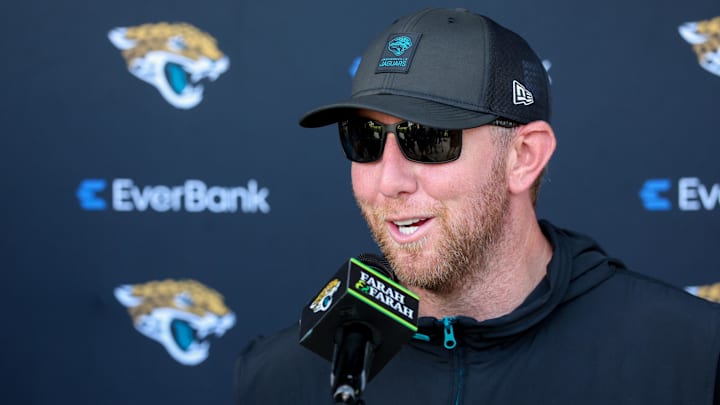 Jul 25, 2025; Jacksonville, FL, USA; Jacksonville Jaguars head coach Liam Coen talks to media after training camp at Miller Electric Center. Mandatory Credit: Nathan Ray Seebeck-Imagn Images