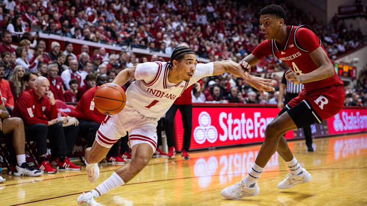 Indiana guard Myles Rice (1) dribbles against Rutgers guard Ace Bailey (4) at Simon Skjodt Assembly Hall. 