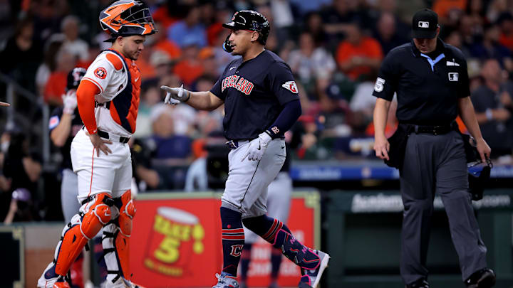 Apr 30, 2024; Houston, Texas, USA; Cleveland Guardians first base Josh Naylor (22) crosses home plate after hitting a three-run home run to left field against the Houston Astros during the first inning at Minute Maid Park. Mandatory Credit: Erik Williams-Imagn Images
