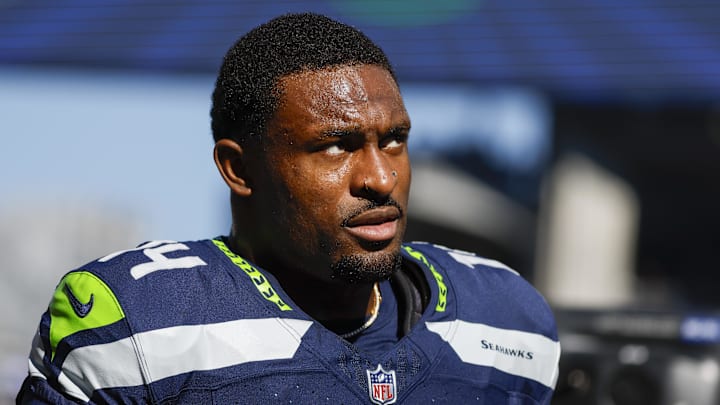 Oct 6, 2024; Seattle, Washington, USA; Seattle Seahawks wide receiver DK Metcalf (14) walks to the locker room following pregame warmups against the New York Giants at Lumen Field. Mandatory Credit: Joe Nicholson-Imagn Images