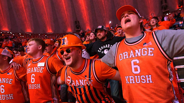 Mar 5, 2024; Champaign, Illinois, USA; The Illinois fighting Illini fans called The Orange Krush cheer on their team during the first half at State Farm Center. Mandatory Credit: Ron Johnson-Imagn Images