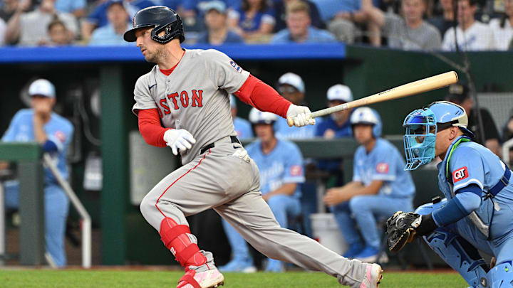 May 10, 2025; Kansas City, Missouri, USA; Boston Red Sox third baseman Alex Bregman (2) singles in the seventh inning against the Kansas City Royals at Kauffman Stadium. Mandatory Credit: Peter Aiken-Imagn Images May 10, 2025; Kansas City, Missouri, USA; Boston Red Sox third baseman Alex Bregman (2) singles in the seventh inning against the Kansas City Royals at Kauffman Stadium. Mandatory Credit: Peter Aiken-Imagn Images