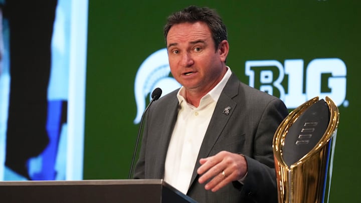 Jul 24, 2025; Las Vegas, NV, USA; Michigan State head coach Jonathan Smith speaks to the media during the Big Ten NCAA college football media days at Mandalay Bay Resort. Mandatory Credit: Lucas Peltier-Imagn Images