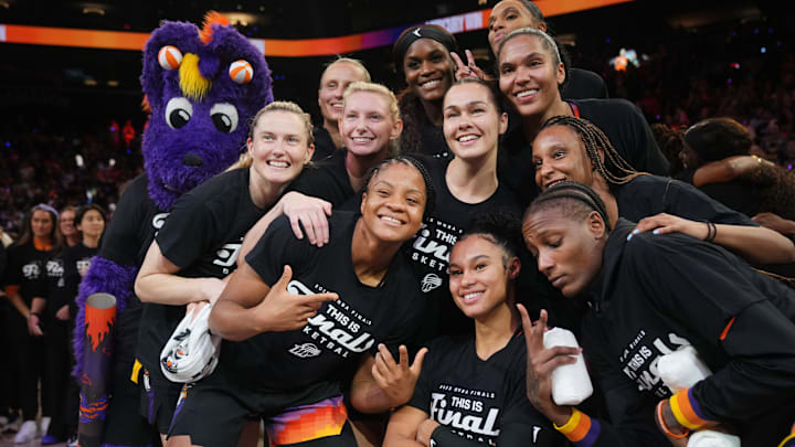 The Phoenix Mercury celebrate their 86-81 WNBA semifinal playoff series win over the Minnesota Lynx at PHX Arena on Sept. 28, 2025. The Phoenix Mercury celebrate their 86-81 WNBA semifinal playoff series win over the Minnesota Lynx at PHX Arena on Sept. 28, 2025.