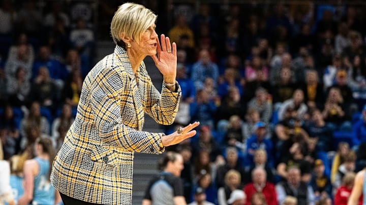 Iowa head coach Jan Jensen calls to players during the Drake vs. Iowa basketball game at Knapp Center on Sunday, Nov. 17, 2024, in Des Moines.