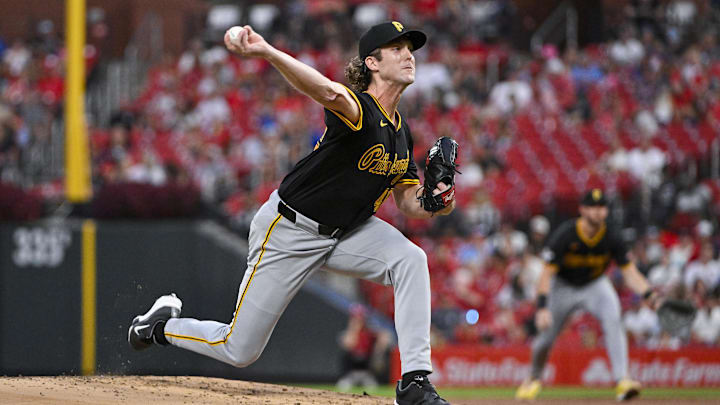 Sep 18, 2024; St. Louis, Missouri, USA; Pittsburgh Pirates starting pitcher Jake Woodford (46) pitches against the St. Louis Cardinals during the first inning at Busch Stadium. Mandatory Credit: Jeff Curry-Imagn Images Sep 18, 2024; St. Louis, Missouri, USA; Pittsburgh Pirates starting pitcher Jake Woodford (46) pitches against the St. Louis Cardinals during the first inning at Busch Stadium. Mandatory Credit: Jeff Curry-Imagn Images
