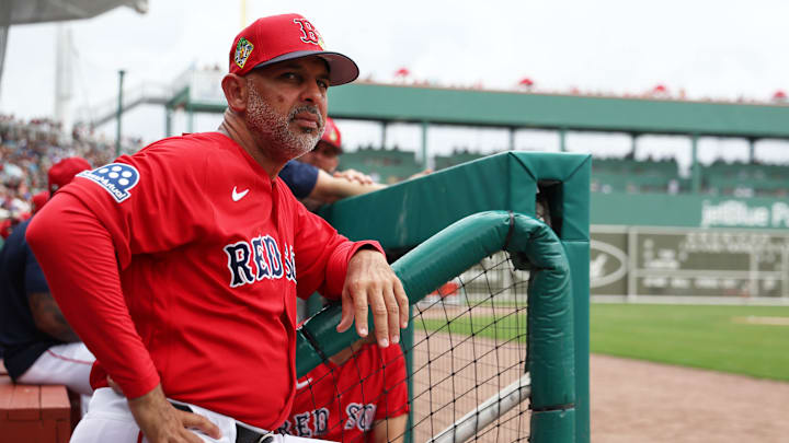 Feb 22, 2026; Fort Myers, Florida, USA;  Boston Red Sox manager Alex Cora (13) looks on during the first inning against the Toronto Blue Jays at JetBlue Park at Fenway South. Mandatory Credit: Kim Klement Neitzel-Imagn Images