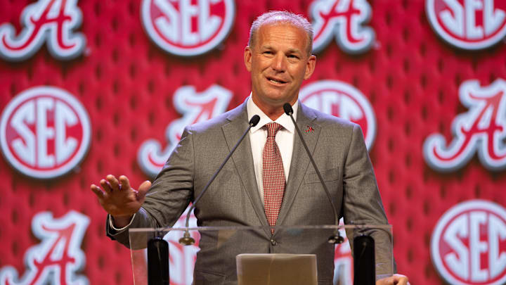 Jul 17, 2024; Dallas, TX, USA; Alabama head coach Kalen DeBoer speaking at Omni Dallas Hotel. Mandatory Credit: Brett Patzke-Imagn Images Jul 17, 2024; Dallas, TX, USA; Alabama head coach Kalen DeBoer speaking at Omni Dallas Hotel. Mandatory Credit: Brett Patzke-Imagn Images