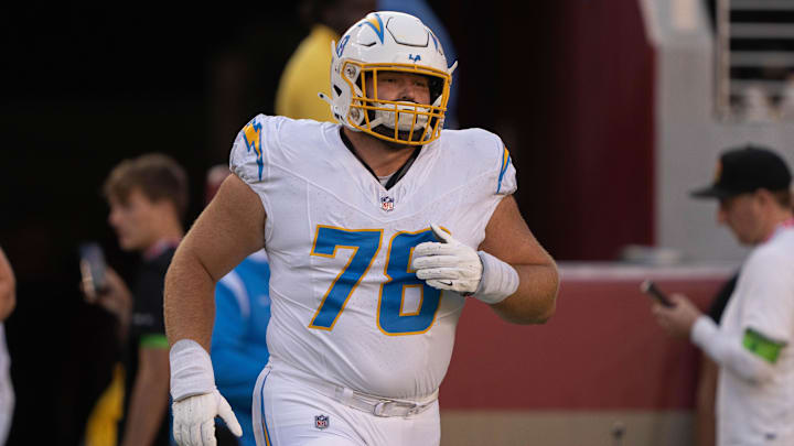 Aug 25, 2023; Santa Clara, California, USA; Los Angeles Chargers offensive tackle Zack Bailey (78) before the start of the first quarter against the San Francisco 49ers at Levi's Stadium. Aug 25, 2023; Santa Clara, California, USA; Los Angeles Chargers offensive tackle Zack Bailey (78) before the start of the first quarter against the San Francisco 49ers at Levi's Stadium.