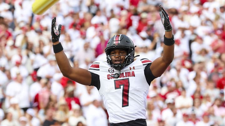 South Carolina Gamecocks defensive back Nick Emmanwori reacts after returning an interception for a touchdown.
