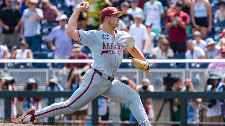 Jun 16, 2025; Omaha, Neb, USA; Arkansas Razorbacks starting pitcher Gage Wood (14) pitches against the Murray State Racers during the ninth inning at Charles Schwab Field.
