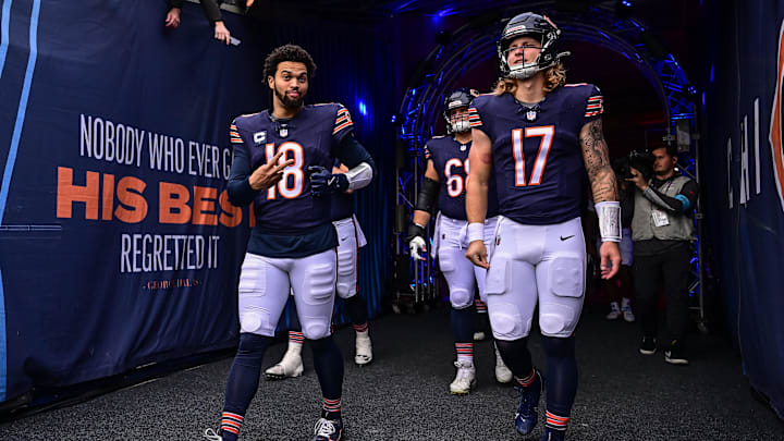 Tyson Bagent walks out with Caleb Williams last season.  Now Bagent has competition for his backup spot.