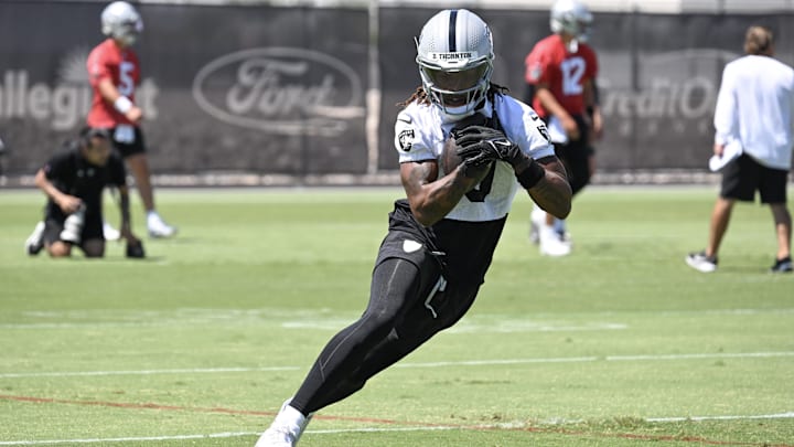 Jun 11, 2025; Henderson, NV, USA; Las Vegas Raiders wide receiver Dont'e Thornton Jr. (10) runs through a drill during Las Vegas Raiders Minicamp at Intermountain Health Performance Center. Mandatory Credit: Candice Ward-Imagn Images Jun 11, 2025; Henderson, NV, USA; Las Vegas Raiders wide receiver Dont'e Thornton Jr. (10) runs through a drill during Las Vegas Raiders Minicamp at Intermountain Health Performance Center. Mandatory Credit: Candice Ward-Imagn Images