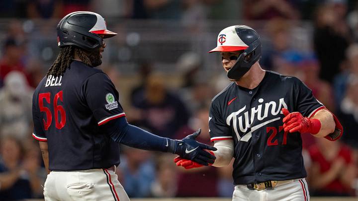 Sep 1, 2026; Minneapolis, Minnesota, USA; Minnesota Twins catcher Ryan Jeffers (27) celebrates with designated hitter Josh Bell (56) after hitting a three-run home run against the Detroit Tigers in the sixth inning at Target Field. Mandatory Credit: Jesse Johnson-Imagn Images Sep 1, 2026; Minneapolis, Minnesota, USA; Minnesota Twins catcher Ryan Jeffers (27) celebrates with designated hitter Josh Bell (56) after hitting a three-run home run against the Detroit Tigers in the sixth inning at Target Field. Mandatory Credit: Jesse Johnson-Imagn Images
