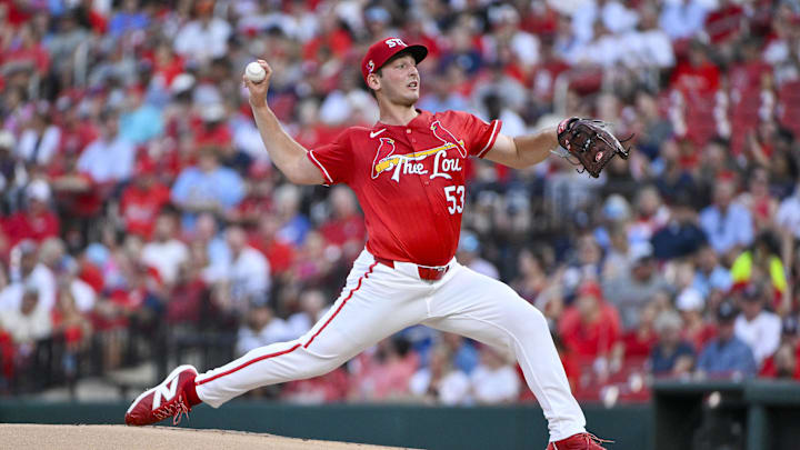Aug 15, 2025; St. Louis, Missouri, USA;  St. Louis Cardinals starting pitcher Andre Pallante (53) pitches against the New York Yankees during the first inning at Busch Stadium. Mandatory Credit: Jeff Curry-Imagn Images