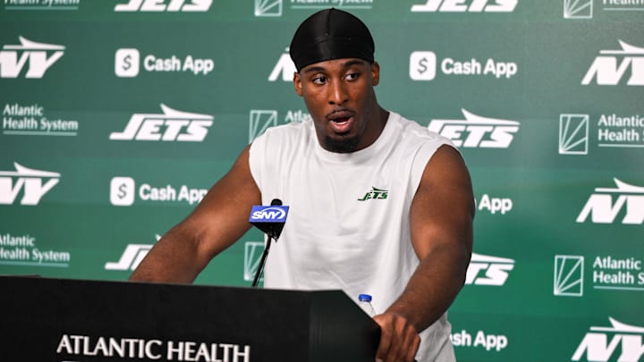 Jun 11, 2025; Florham Park, NY, USA; New York Jets running back Breece Hall (20) speaks at a press conference during minicamp at Atlantic Health Jets Training Center. Mandatory Credit: John Jones-Imagn Images Jun 11, 2025; Florham Park, NY, USA; New York Jets running back Breece Hall (20) speaks at a press conference during minicamp at Atlantic Health Jets Training Center. Mandatory Credit: John Jones-Imagn Images