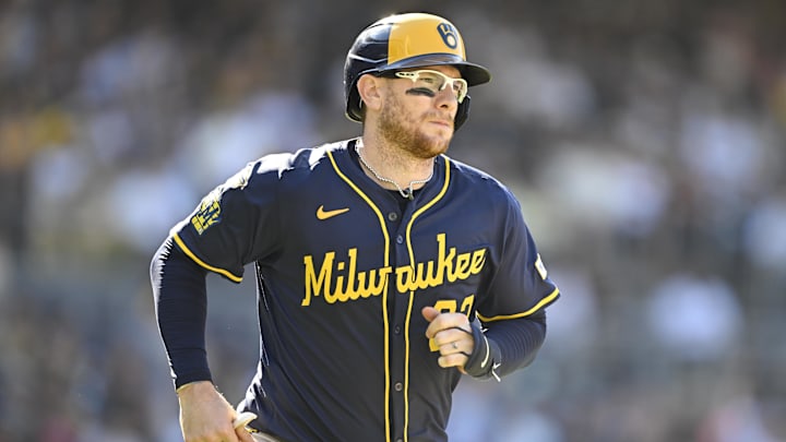 Sep 24, 2025; San Diego, California, USA; Milwaukee Brewers catcher Danny Jansen (33) rounds the bases after hitting a solo home run during the ninth inning against the San Diego Padres at Petco Park. Mandatory Credit: Denis Poroy-Imagn Images