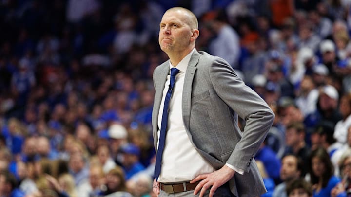 Mar 1, 2025; Lexington, Kentucky, USA; Kentucky Wildcats head coach Mark Pope looks on during the first half against the Auburn Tigers at Rupp Arena at Central Bank Center. Mandatory Credit: Jordan Prather-Imagn Images
