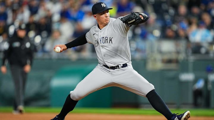 Apr 29, 2022; Kansas City, Missouri, USA; New York Yankees relief pitcher Chad Green (57) pitches