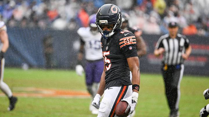 Sep 20, 2026; Chicago, Illinois, USA; Chicago Bears wide receiver Rome Odunze (15) after a reception during the second half against there Minnesota Vikings at Soldier Field. Sep 20, 2026; Chicago, Illinois, USA; Chicago Bears wide receiver Rome Odunze (15) after a reception during the second half against there Minnesota Vikings at Soldier Field.