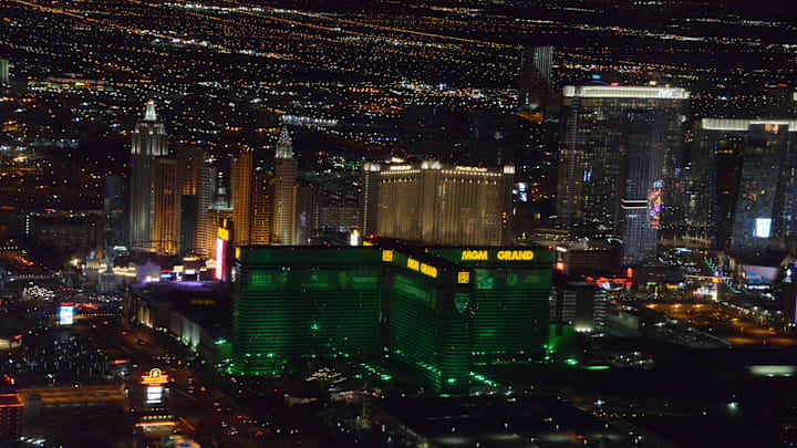 May 11, 2016; Las Vegas, NV, USA; General aerial view of the MGM Grand Las Vegas hotel and casino and the Las Vegas strip and skyline on Las Vegas Blvd. Mandatory Credit: Kirby Lee-Imagn Images