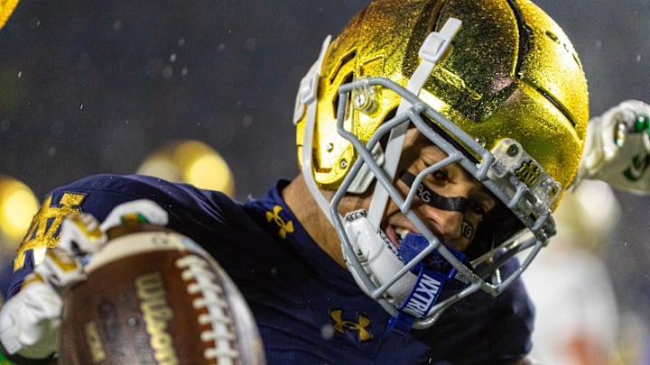 Nov 8, 2025; South Bend, Indiana, USA; Notre Dame Fighting Irish wide receiver Jordan Faison (6) celebrates scoring a touchdown against the Navy Midshipmen during the first half at Notre Dame Stadium. 