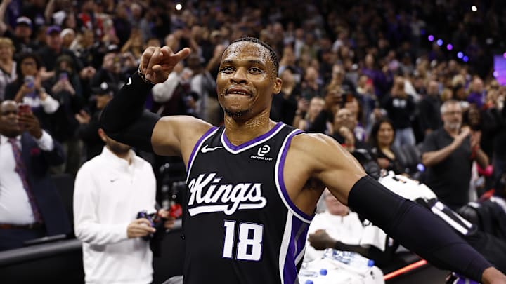 Oct 24, 2025; Sacramento, California, USA; Sacramento Kings guard Russell Westbrook (18) prepares to light the beam after a win against the Utah Jazz at Golden 1 Center. Mandatory Credit: Kelley L Cox-Imagn Images Oct 24, 2025; Sacramento, California, USA; Sacramento Kings guard Russell Westbrook (18) prepares to light the beam after a win against the Utah Jazz at Golden 1 Center. Mandatory Credit: Kelley L Cox-Imagn Images