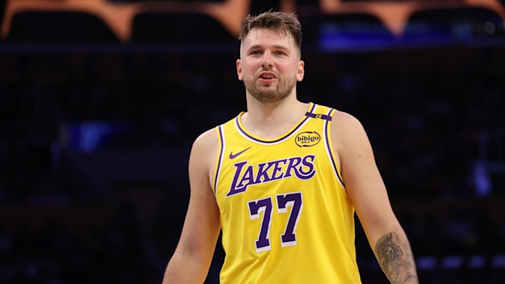 Feb 27, 2025; Los Angeles, California, USA; Los Angeles Lakers guard Luka Doncic (77) during the third quarter against the Minnesota Timberwolves at Crypto.com Arena. Mandatory Credit: Jason Parkhurst-Imagn Images