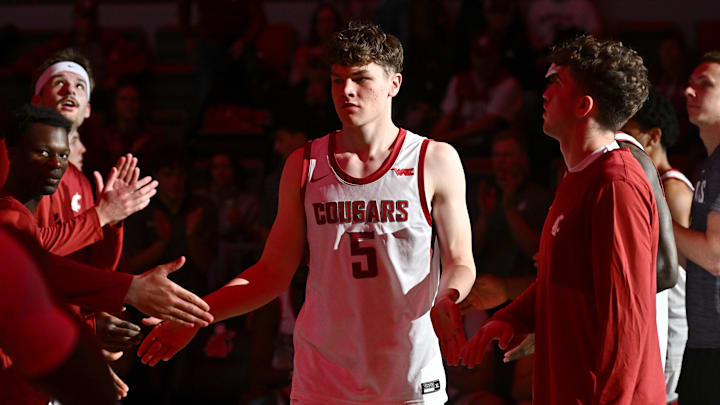Oct 25, 2025; Pullman, WA, USA; Washington State Cougars guard Tomas Thrastarson (5) is introduced before a game against the New Mexico Lobos at Friel Court at Beasley Coliseum. Mandatory Credit: James Snook-Imagn Images Oct 25, 2025; Pullman, WA, USA; Washington State Cougars guard Tomas Thrastarson (5) is introduced before a game against the New Mexico Lobos at Friel Court at Beasley Coliseum. Mandatory Credit: James Snook-Imagn Images