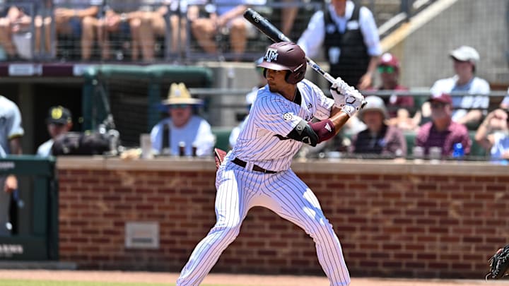 Texas A&M outfielder Braden Montgomery (6) at bat during the first inning against the Oregon at Olsen Field, Blue Bell Park