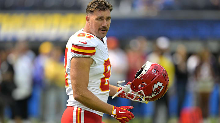 Kansas City Chiefs tight end Travis Kelce (87) looks on prior to the game against the Los Angeles Chargers at SoFi Stadium.