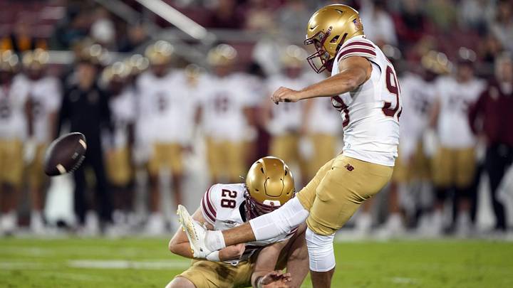 Sep 13, 2025; Stanford, California, USA; Boston College Eagles place kicker Luca Lombardo (right) kicks a field goal with place kicker Shamus Florio (28) during the second quarter against the Stanford Cardinal at Stanford Stadium. Mandatory Credit: Darren Yamashita-Imagn Images Sep 13, 2025; Stanford, California, USA; Boston College Eagles place kicker Luca Lombardo (right) kicks a field goal with place kicker Shamus Florio (28) during the second quarter against the Stanford Cardinal at Stanford Stadium. Mandatory Credit: Darren Yamashita-Imagn Images