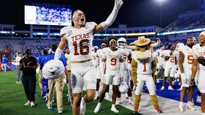 Oct 18, 2025; Lexington, Kentucky, USA; Texas Longhorns defensive back Michael Taaffe (16) celebrates after the game against the Kentucky Wildcats at Kroger Field. Mandatory Credit: Jordan Prather-Imagn Images