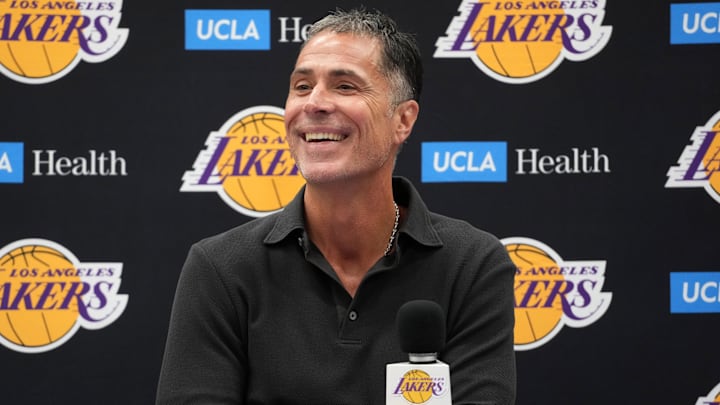 Sep 25, 2024; El Segundo, CA, USA; Los Angeles Lakers general manager Rob Pelinka at press conference at UCLA Health Training Center. Mandatory Credit: Kirby Lee-Imagn Images
