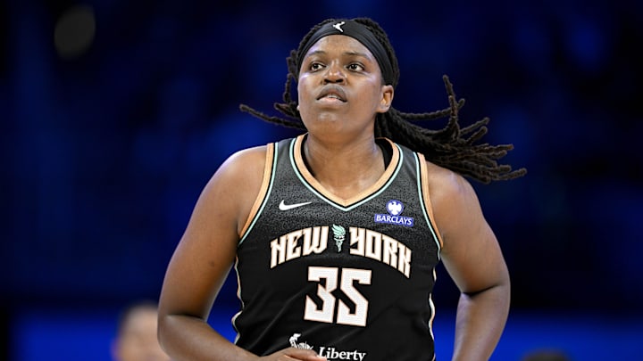 Jul 28, 2025; Arlington, Texas, USA; New York Liberty center Jonquel Jones (35) runs back up court against the Dallas Wings during the first half at College Park Center. Mandatory Credit: Jerome Miron-Imagn Images
