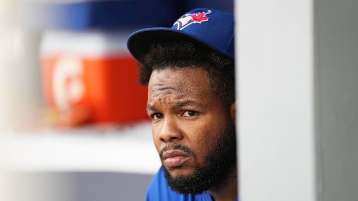 Sep 29, 2024; Toronto, Ontario, CAN; Toronto Blue Jays designated hitter Vladimir Guerrero Jr. (27) sits in the dugout before the start of a game against the Miami Marlins at Rogers Centre. Mandatory Credit: Nick Turchiaro-Imagn Images Sep 29, 2024; Toronto, Ontario, CAN; Toronto Blue Jays designated hitter Vladimir Guerrero Jr. (27) sits in the dugout before the start of a game against the Miami Marlins at Rogers Centre. Mandatory Credit: Nick Turchiaro-Imagn Images