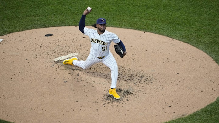 Jun 8, 2025; Milwaukee, Wisconsin, USA; Milwaukee Brewers pitcher Freddy Peralta (51) delivers a pitch against the San Diego Padres in the second inning at American Family Field. Mandatory Credit: Michael McLoone-Imagn Images Jun 8, 2025; Milwaukee, Wisconsin, USA; Milwaukee Brewers pitcher Freddy Peralta (51) delivers a pitch against the San Diego Padres in the second inning at American Family Field. Mandatory Credit: Michael McLoone-Imagn Images